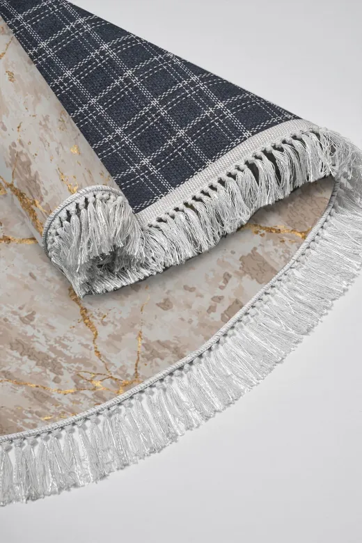 Alanur Home 900704-P-S-Oval Alanur Star Pamuk Tabanlı Saçaklı Dijital Halı Oval Bej
