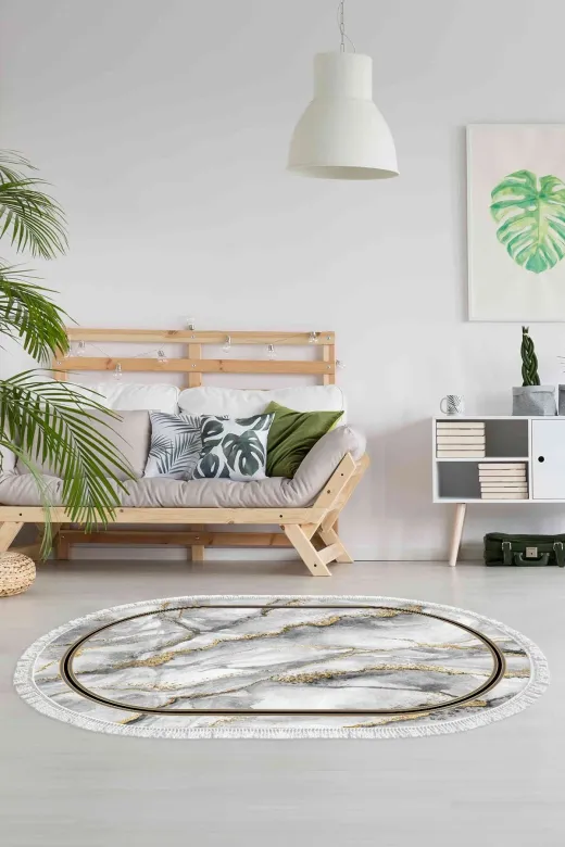 Alanur Home 900706-P-S-Oval Gri Desenli Pamuk Tabanlı Saçaklı Dijital Oval Halı