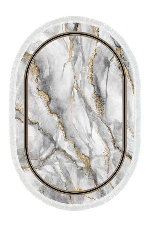 Alanur Home 900706-P-S-Oval Gri Desenli Pamuk Tabanlı Saçaklı Dijital Oval Halı