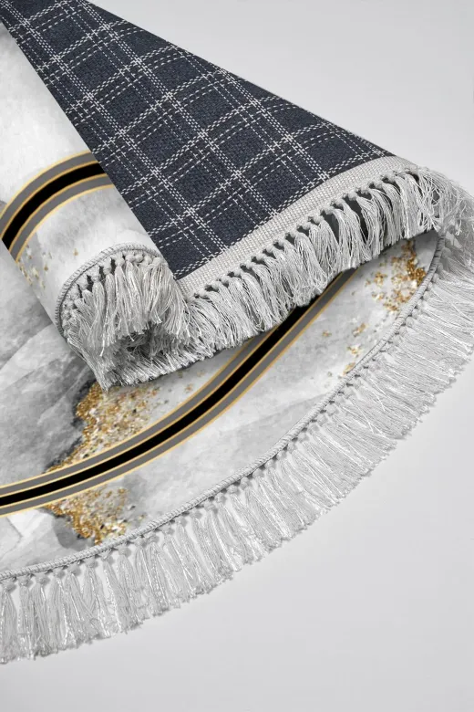 Alanur Home 900706-P-S-Oval Gri Desenli Pamuk Tabanlı Saçaklı Dijital Oval Halı
