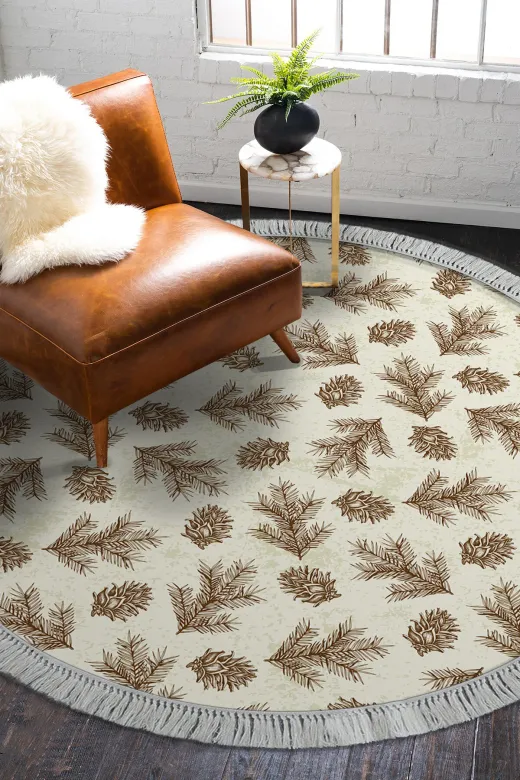 Alanur Home AL5013-sckl-k-hali Kaymaz Dijital Mutfak & Salon Halı Trend Saçaklı Yuvarlak Vintage Al5013 Bej