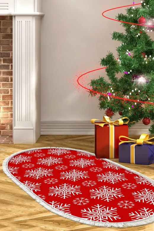 Alanur Home chr17M-K-S-Oval Yılbaşına Özel Keçe Dijital Yıkanabilir Oval Halı Chr17M Kırmızı