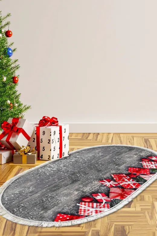 Alanur Home CHR1M-K-S-Oval Yılbaşına Özel Keçe Dijital Yıkanabilir Oval Halı Chr1M Gri