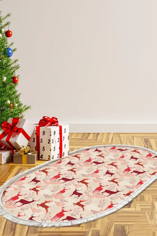 Alanur Home CHR4M-K-S-Oval Yılbaşına Özel Keçe Dijital Yıkanabilir Oval Halı Chr4M Bordo