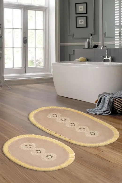 Alanur Home Eyfel Saçaklı Welsoft Dantelli 2'li Banyo Klozet Takımı Cappuccino