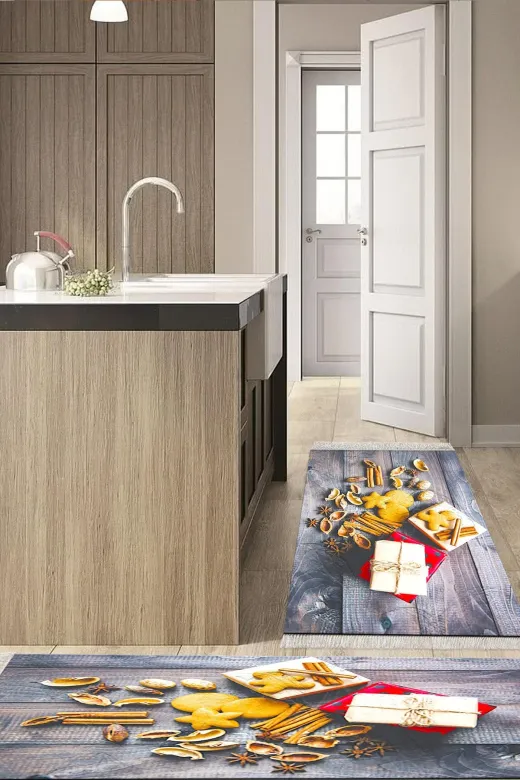 Alanur Home F5061-mutfak-2-pcs-K-S Eko Trend Djt 2 Li Yıkanabilir Kaymaz Taban Mutfak Halısı Seti F5061 Mutfak Renkli