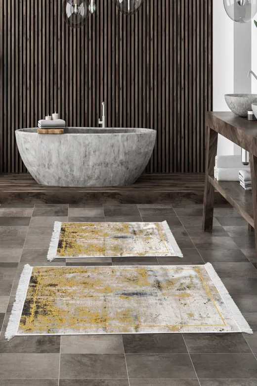 Alanur Home M12271-eko-klozet-K-S Eko Trend Djt 2 Li Yıkanabilir Kaymaz Taban Banyo Paspas M12271 Modern Hardal (60 X 100 - 50 X 60)