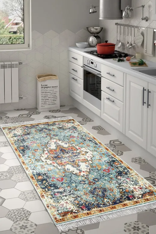 Alanur Home M12290-Trend-Banyo Eko Trend Djt Banyo Paspası Yıkanabilir Kaymaz Taban M12290 Vintage Mavi