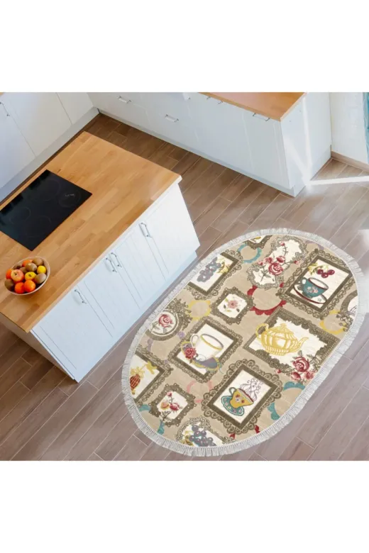 Alanur Home Mu100-K-S-Oval-Kahve Alanur Trend Keçe Tabanlı Saçaklı Oval Mutfak Halı Mu100 Kahve