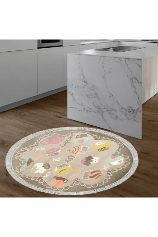 Alanur Home Mu102-K-S-Yuvarlak-Kahve Alanur Trend Keçe Tabanlı Saçaklı Yuvarlak Mutfak Halı Mu102 Kahve
