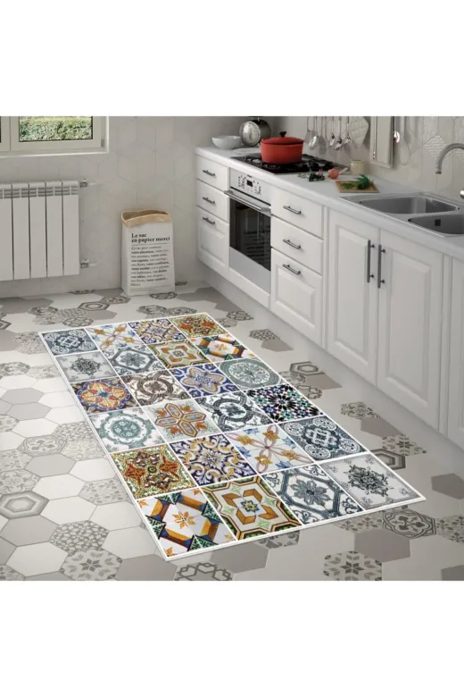Alanur Home Mu144-K-Renkli Keçe Tabanlı Mutfak Halı Mu144 Renkli