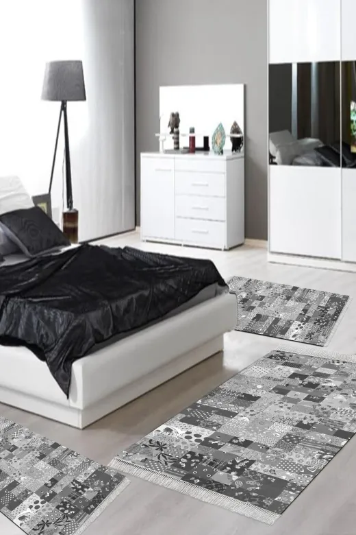 Alanur Home Mu148-yatak-3-pcs-K-S Eko Djt Yıkanabilir Kaymaz Taban 3 Lü Yatak Odası Takımı Mu148 Patchwork Gri