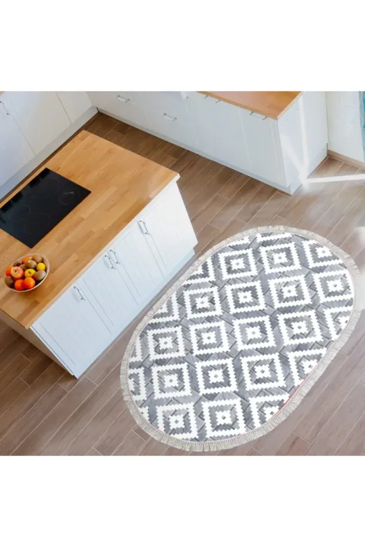 Alanur Home Mu182-K-S-Oval-Gri Alanur Trend Keçe Tabanlı Saçaklı Oval Mutfak Halı Mu182 Gri