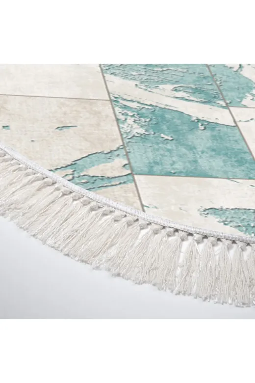 Alanur Home Mu183-K-S-Oval-Mavi Alanur Trend Keçe Tabanlı Saçaklı Oval Mutfak Halı Mu183 Mavi