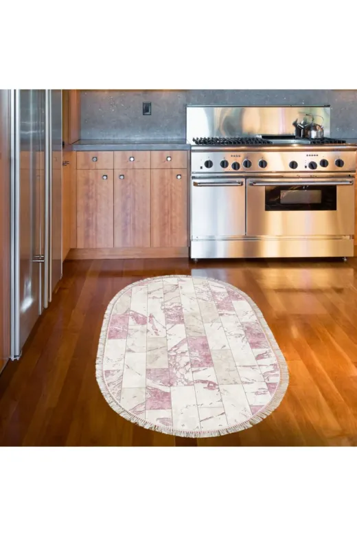 Alanur Home Mu183-K-S-Oval-Pudra Alanur Trend Keçe Tabanlı Saçaklı Oval Mutfak Halı Mu183 Pudra