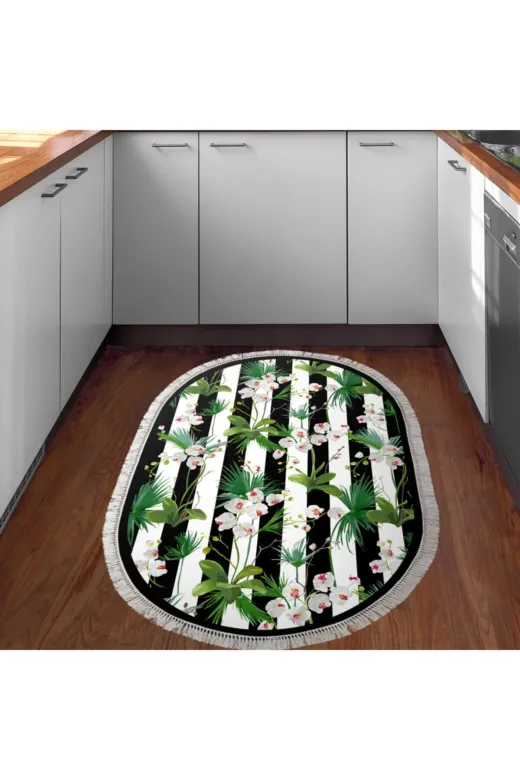 Alanur Home Mu692-K-S-Oval-Yeşil Alanur Trend Keçe Tabanlı Saçaklı Oval Mutfak Halı Mu692 Yeşil