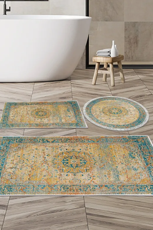 Alanur Home P1356-banyo-paspas-2-K-S Eko Trend Djt 3 Lü Yıkanabilir Kaymaz Taban Banyo Paspas Seti P1356 Vintage Turkuaz