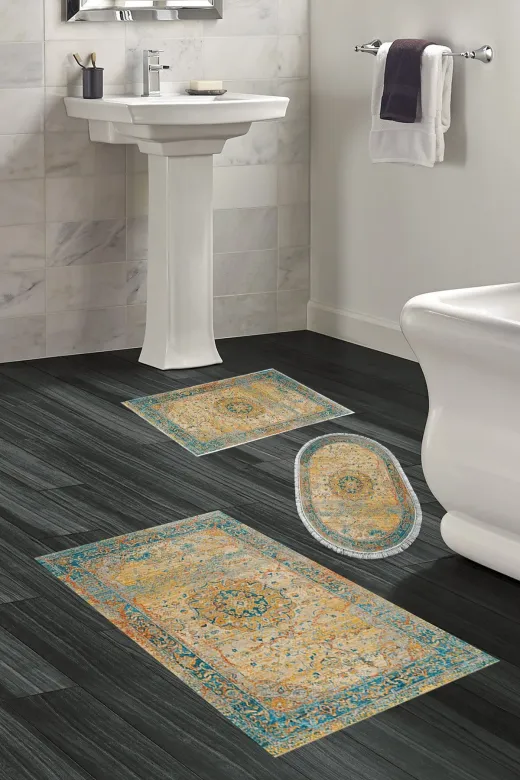 Alanur Home P1356-banyo-paspas-K-S Eko Trend Djt 3 Lü Yıkanabilir Kaymaz Taban Banyo Paspas Seti P1356 Vintage Turkuaz