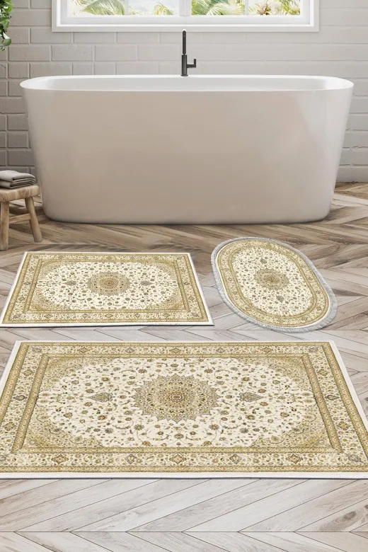 Alanur Home P1360-banyo-paspas-K-S Eko Trend Djt 3 Lü Yıkanabilir Kaymaz Taban Banyo Paspas Seti P1360 Osmanli Krem