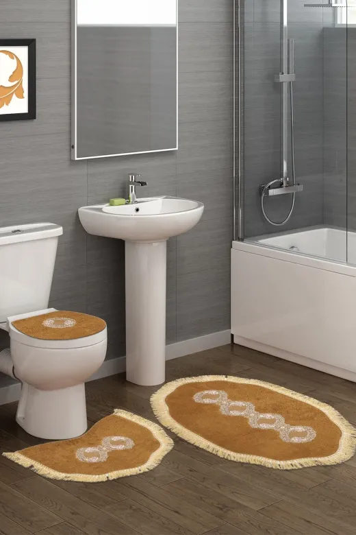 Alanur Home Queen Sarmaşık Şekilli Nakışlı Banyo 3'lü Klozet Takımı Açık Kahve