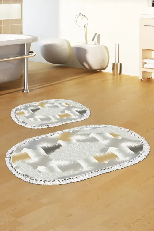 Alanur Home S1030-eko-klozet-oval-2-K-S-Oval Eko Trend Djt 2 Li Yıkanabilir Kaymaz Taban Oval Banyo Paspas S1030 Modern Krem (50 X 80 - 40 X 50)