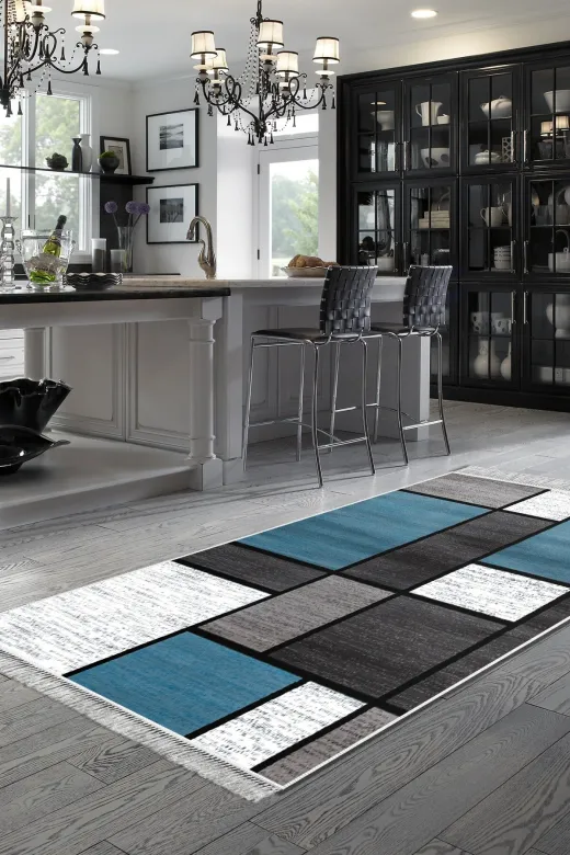 Alanur Home S5044-Trend-Banyo Eko Trend Djt Banyo Paspası Yıkanabilir Kaymaz Taban S5044 Geometrik Mavi