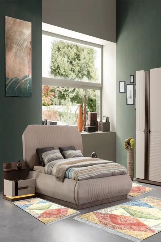 Alanur Home S5047-yatak-3-pcs-K-S Eko Trend Djt Yıkanabilir Kaymaz Taban 3 Lü Yatak Odası Takımı S5047 Iskandinav Renkli