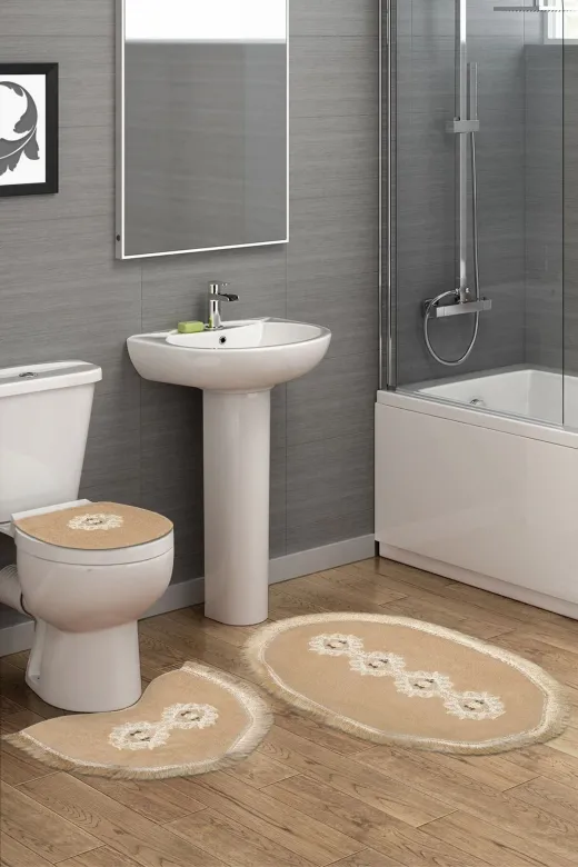 Alanur Home TYC00137425716 Queen Sarmaşık Şekilli Nakışlı Banyo 3'lü Klozet Takımı Cappuccino