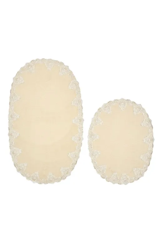Alanur Home ZARYELO15 Melek Saçaklı Aplikli Oval 2 Li Set (65 X 115 - 55 X 65 ) Cappuccino