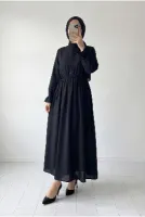 Almina Müslin Biye Bağcıklı Elbise-NA2418 Siyah