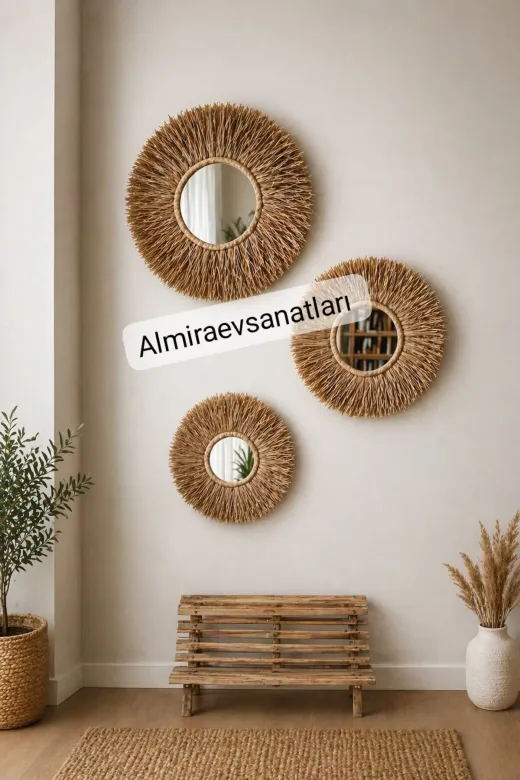 almiraevsanatları Aynalı Rafya Duvar Süsü432 El Yapımı 3'lü Aynalı Rafya Duvar Süsü