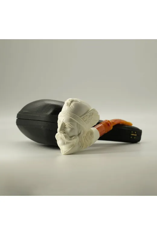 Altınışık Lületaşı dop19326705igo El Oyması Lületaşı Pipo – Savaşçı Başı Figürlü, Amber Ağızlık, Özel Kılıf, 15,5 Cm