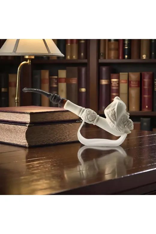 Altınışık Lületaşı dop19851654igo El Oyması Lületaşı Korsan Figürlü Uzun Pipo – Kuru Kafa Kabartmalı, Akrilik Ağızlıklı Meerschaum