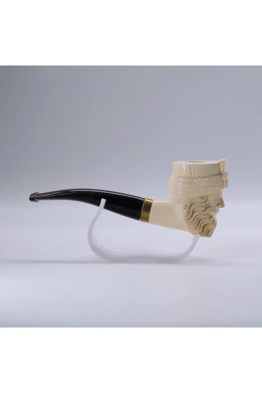 Altınışık Lületaşı dop20243601igo Hint Sih Hükümdarı Maharaja Ranjit Singh Figürlü El Oyması Lületaşı Pipo, Pirinç Bilezik 13,6 Cm