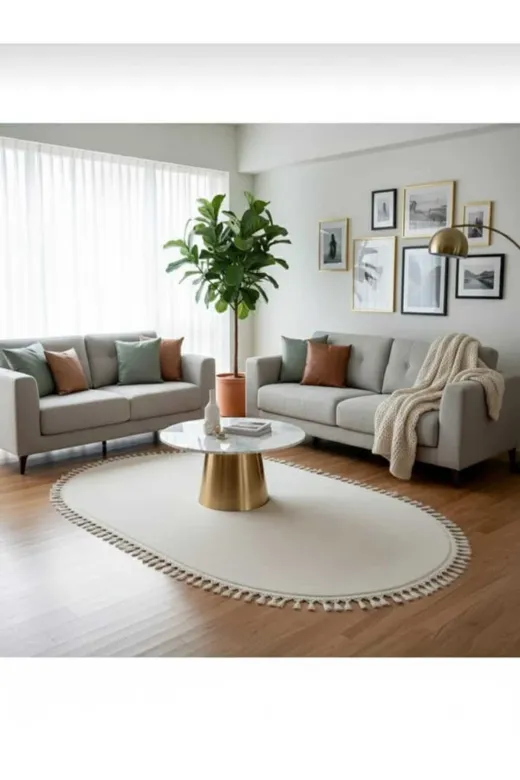 ALTUN CARPET DFHSERTYI8UI Kirem Ponpon Saçakli Pelüş Hali Oval Modern Kaymaz Tabanli