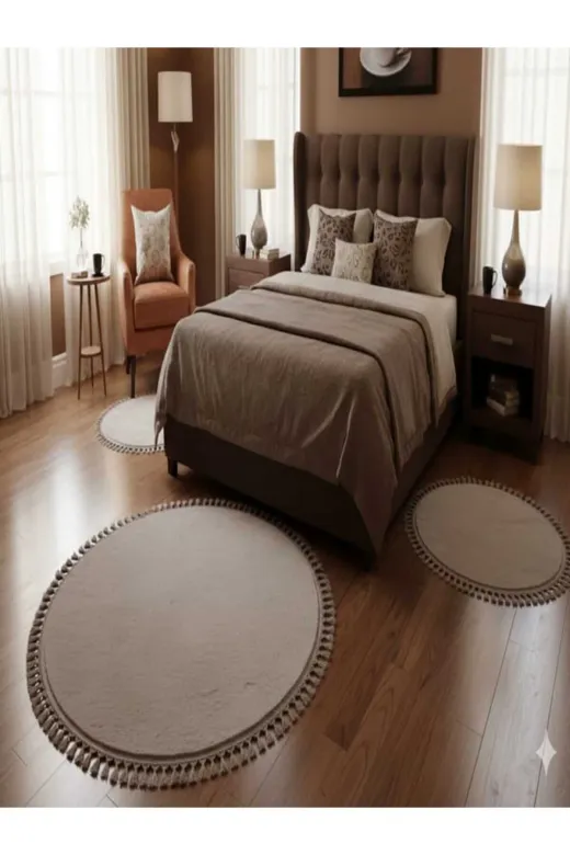 ALTUN CARPET DHRSETYHUJIKL Vizyon Renk Ponpon Saçaklı Plüş Halı 3 Takım Halınde 1 Adet 150X150+2 Adet 75X 75