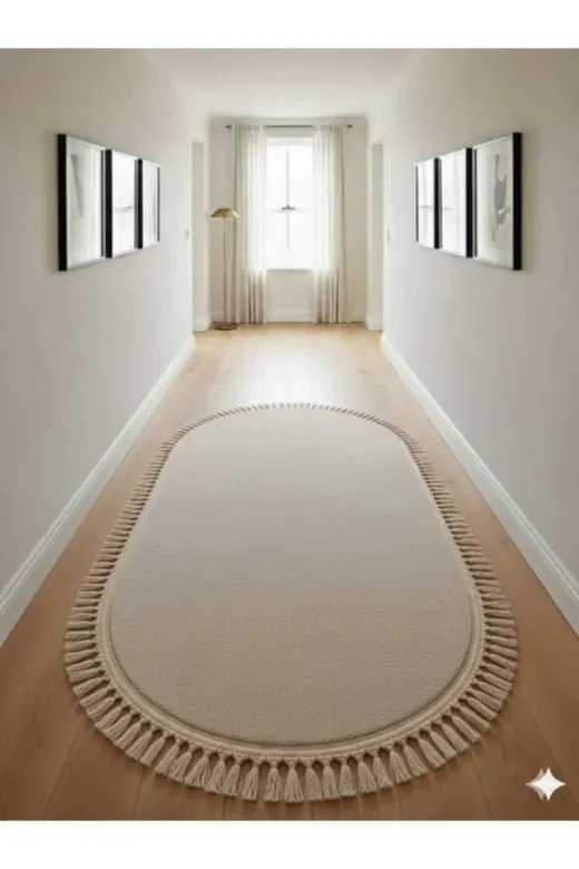 ALTUN CARPET DHZSTRDYJFUHIJUYHGB Modern Oval Bej Pelüş Ponpon Saçakli Kaymaz Taban 12Ml Hav 2Cm Kalinlik