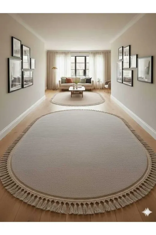 ALTUN CARPET DHZSTRDYJFUHIJUYHGB Modern Oval Bej Pelüş Ponpon Saçakli Kaymaz Taban 12Ml Hav 2Cm Kalinlik
