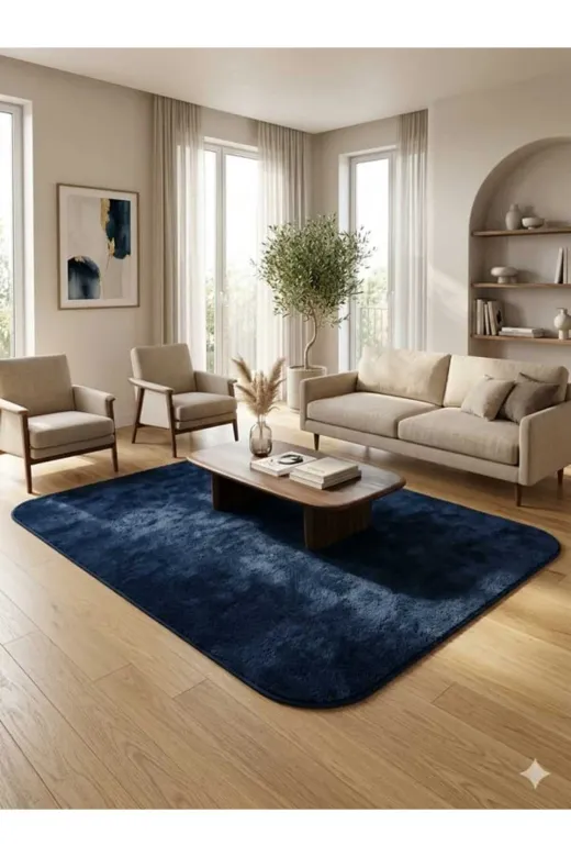 ALTUN CARPET DTFYGJHNKJMKOLÖ Modern Kare Lacivert Pelüş Hali Kaymaz Taban Solon Halisi 12Ml Hav Yuksekliği Var 2Cm Kalinlik Var