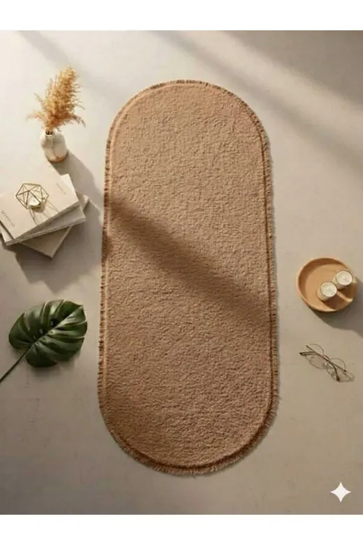 ALTUN CARPET ERSGDTHFYGJUIK Modern Düz Saçakli Açik Kahve Pelüş Kaymaz Tabanli 12Ml Hav Yüksekliği 2 Cm Kalinlik