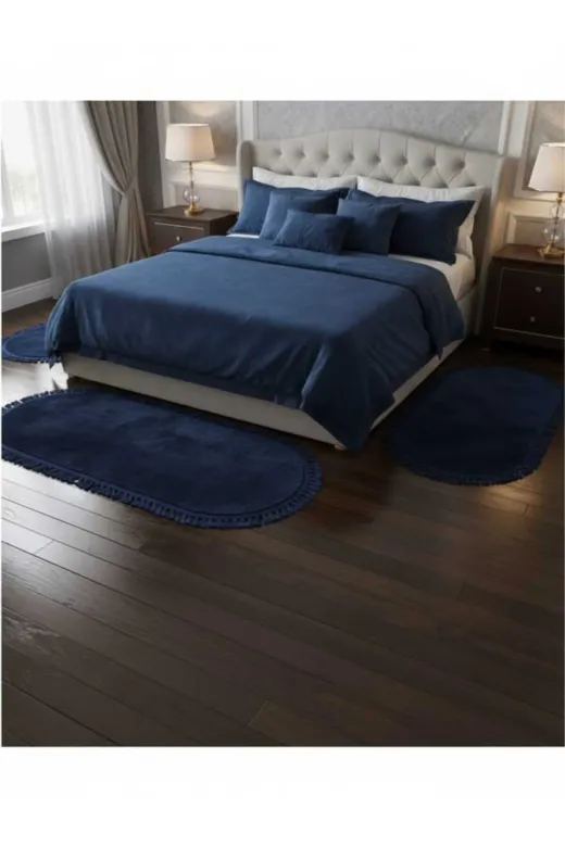 ALTUN CARPET FNGDHJGUJ Lacivert Renk Ponpon Saçaklı Plüş Halı 3 Takım Halınde 1 Adet 60 X 300 + 2 Adet 80X 150