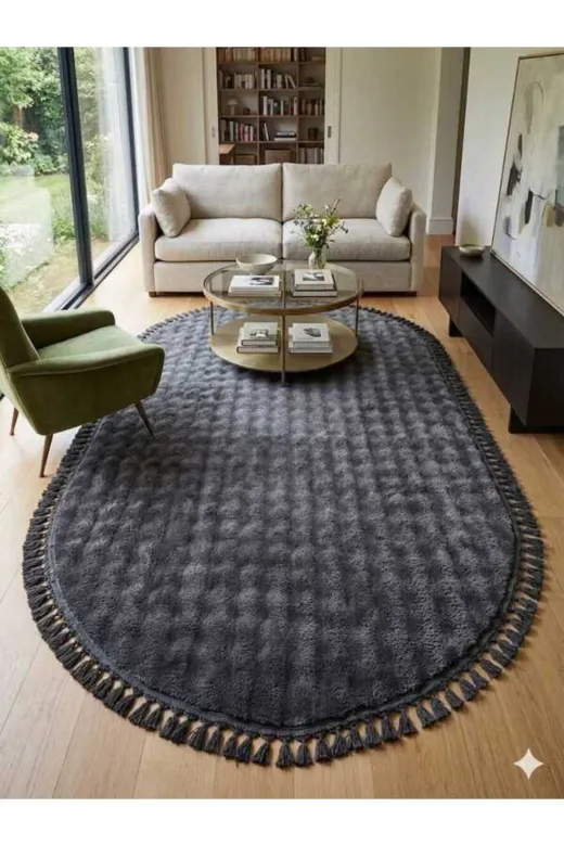 ALTUN CARPET GDRHTFGHJK Oval Modern Babil Antirasit Ponpon Saçakli Pelüş Hali Kaymaz Taban 13Ml Hav 2.2.kalinlik Var