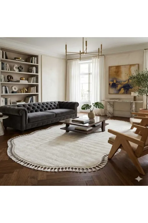 ALTUN CARPET GESRTDHFYJIKU Modern Kar Beyaz Babil Post Pelüş Ponpon Saçakli Kaymaz Tabanli Hali 13Ml Hav 2.2 Kalinlik Var