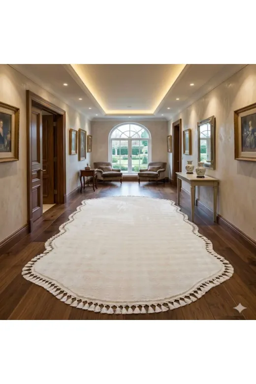 ALTUN CARPET GESRTDHFYJIKU Modern Kar Beyaz Babil Post Pelüş Ponpon Saçakli Kaymaz Tabanli Hali 13Ml Hav 2.2 Kalinlik Var