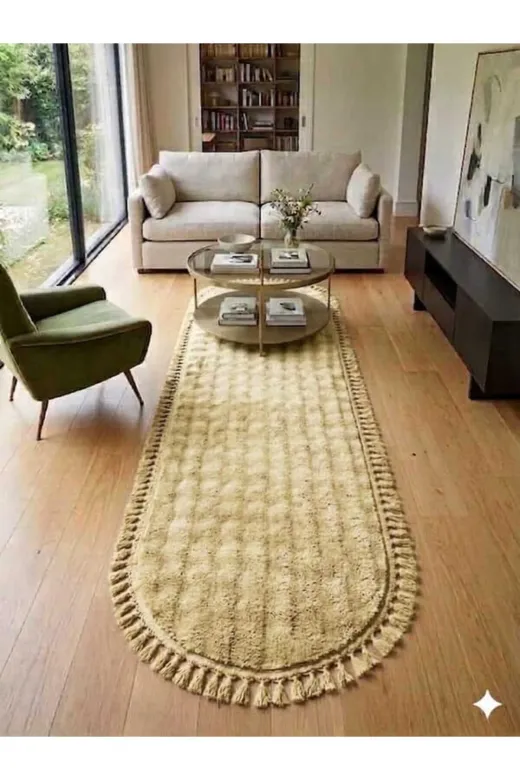 ALTUN CARPET GSRTHDYFJKGIHLJO Modern Babil Sarimsi Bej Oval Ponpon Saçakli Salon Koridor Halisi Pelüş 13Ml Hav 2.2 Kalinlik