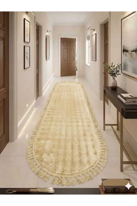 ALTUN CARPET GSRTHDYFJKGIHLJO Modern Babil Sarimsi Bej Oval Ponpon Saçakli Salon Koridor Halisi Pelüş 13Ml Hav 2.2 Kalinlik