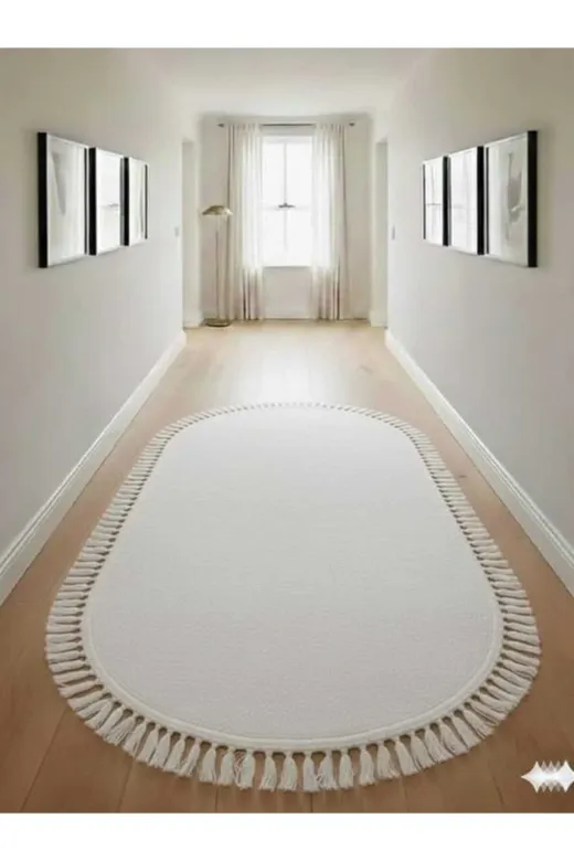ALTUN CARPET HFDZGXDHFJGKNIUHG Modern Pompom Saçakli Oval Beyaz Pelüş Kaymaz Taban Hali 12Ml Hav Yüksekliği 2 Cm Kalinlik