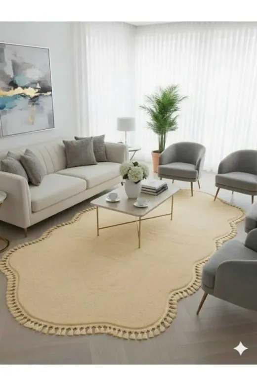 ALTUN CARPET MGFGHARSTEYJRUKTILYOJKM Modern Bej Çift Kafali Post Ponpon Saçakli Pelüş Hali Salon Halisi Koridor Halisi