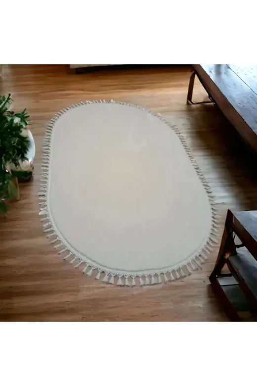 ALTUN CARPET OVALHGJFVGY Modern Kirem Oval Ponpon Saçakli  Post Pelüş Kaymaz Taban Hali Yolluk