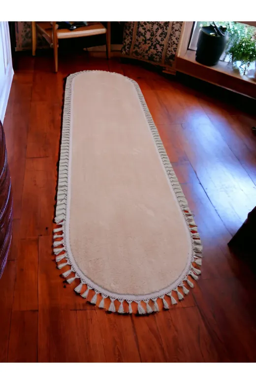 ALTUN CARPET PEMBEOVALGJFHCTF Modern Açik Pembe Oval Ponpon Saçakli Post Pelüş Kaymaz Hali
